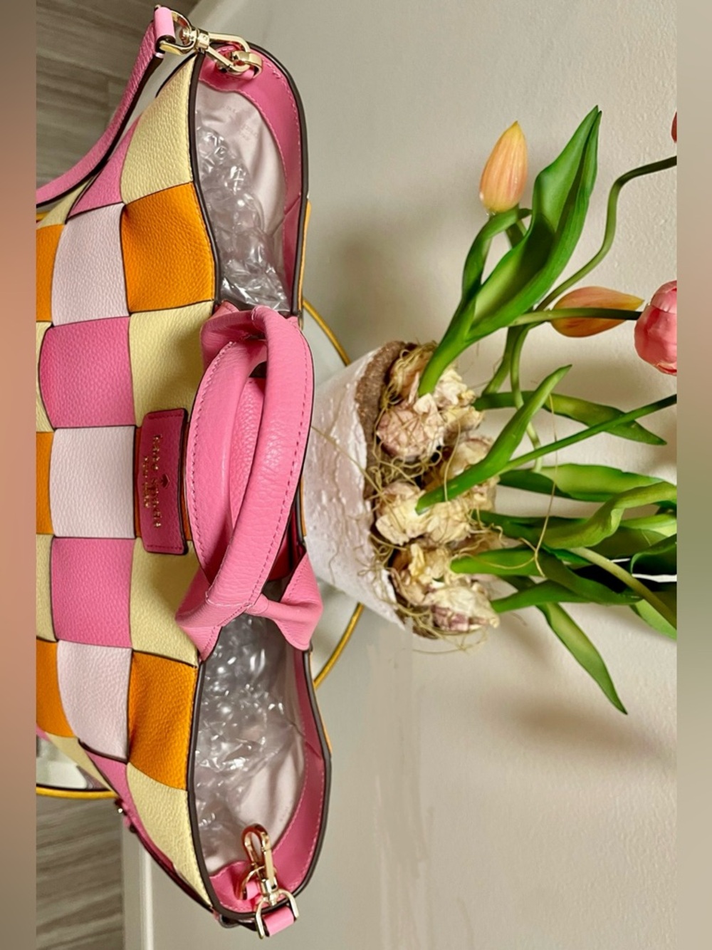 New Kate Spade 100% Genuine leather Pink ivory Woven convertible large Tote bag - Picture 7 of 17